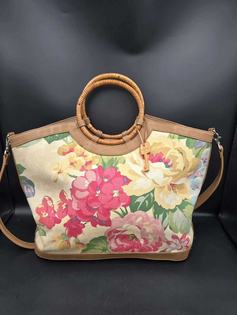 Fossil Floral Canvas Tote in Pink, Yellow, Cream and Green with Tan Trim